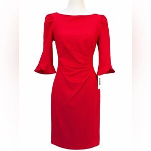 DKNY Red Ruched Sheath Dress Bell Sleeve Elegant Cocktail NWT Size 4